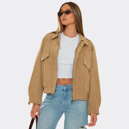 Long Sleeve Pocket Detail Bomber Jacket In Tan Suede, Women's Size ML
