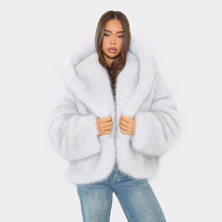 Hooded Oversized Coat In Light Grey Faux Fur, Women's Size