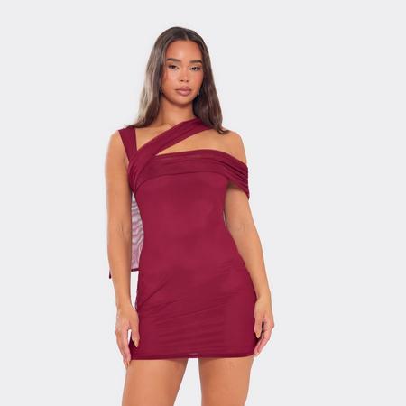Asymmetric Shoulder Strap Drape Detail Mini Dress In Burgundy, Women's Size