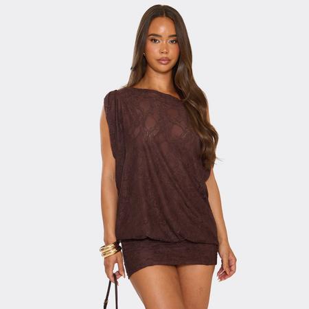 Off The Shoulder Draped Asymmetric Mini Dress In Chocolate Brown Lace, Women's Size