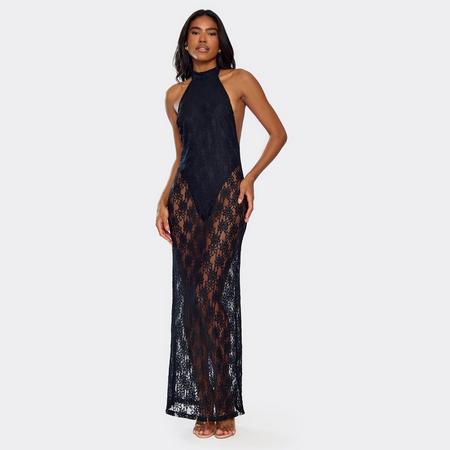 Halterneck Bodysuit Lining Scooped Back Detail Maxi Dress In Black Floral Lace, Women's Size