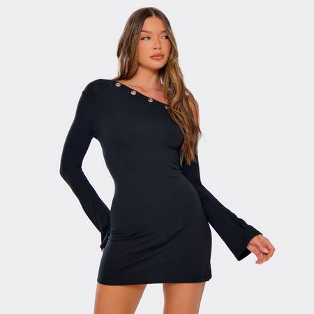 Long Flared Sleeve Off The Shoulder Eyelet Detail Mini Skater Dress In Black, Women's Size
