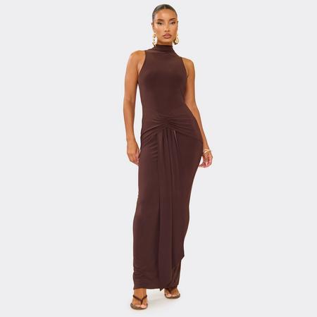 High Neck Sleeveless Drape Detail Maxi Dress In Chocolate Brown, Women's Size