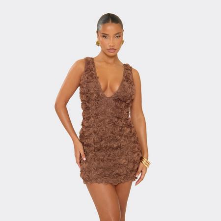 Plunge Front Floral Applique Mini Dress In Chocolate Brown, Women's Size