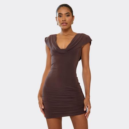 Cowl Asymmetric Drape Detail Mini Dress In Chocolate Brown, Women's Size