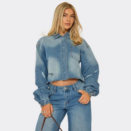 Long Sleeve Ripped Detail Boxy Jacket In Washed Blue Denim, Women's Size