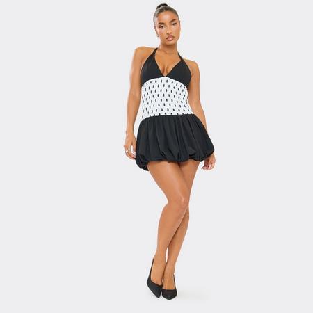 Halterneck Contrast Puffball Mini Dress In Black Polka Dot, Women's Size