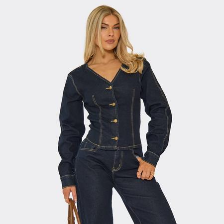 V Neck Button Down Seam Detail Fitted Jacket In Dark Indigo Denim, Women's Size