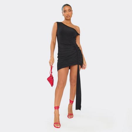 Asymmetric Twist Shoulder Drape Detail Mini Dress In Black, Women's Size