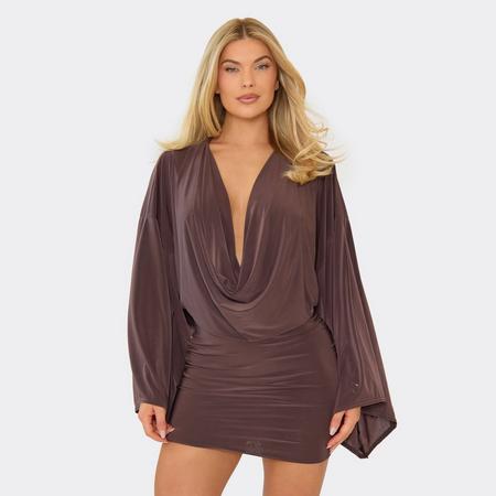 Batwing Cowl Neck Mini Dress In Chocolate Brown Slinky, Women's Size