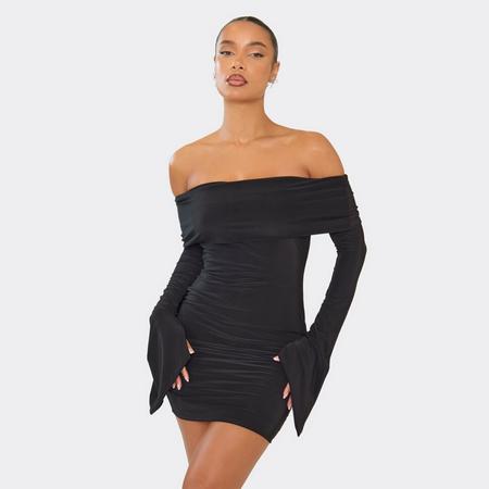 Bardot Fold Over Flared Sleeve Mini Dress In Black, Women's Size