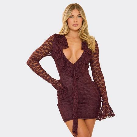 Frill Long Sleeve Plunge Draped Detail Mini Dress In Chocolate Brown Lace, Women's Size
