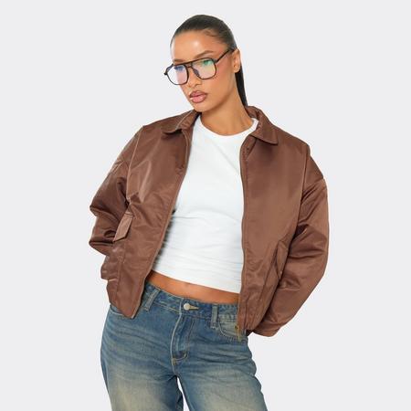 Collar Padded Bomber Jacket In Chocolate Brown, Women's Size