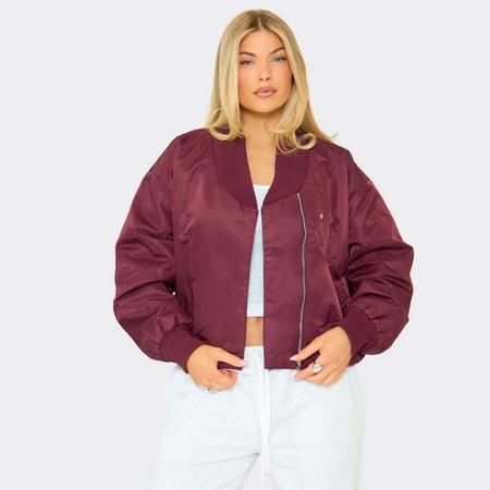 Long Sleeve Wrap Front Padded Bomber Jacket In Burgundy Shell, Women's Size