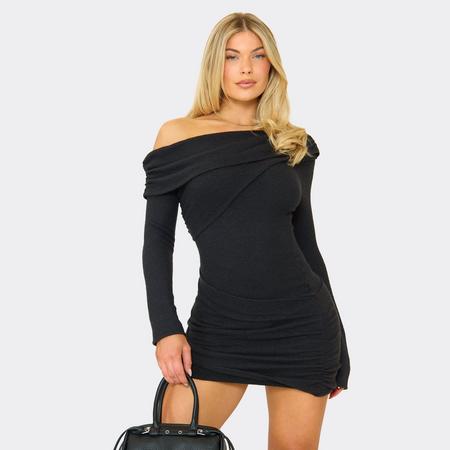 Asymmetric Neck Overlay Mini Dress In Black Rib, Women's Size