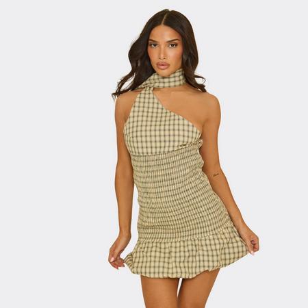 Choker Scarf Detail Shirred Waist Puffball Mini Dress In Cream Check Print, Women's Size