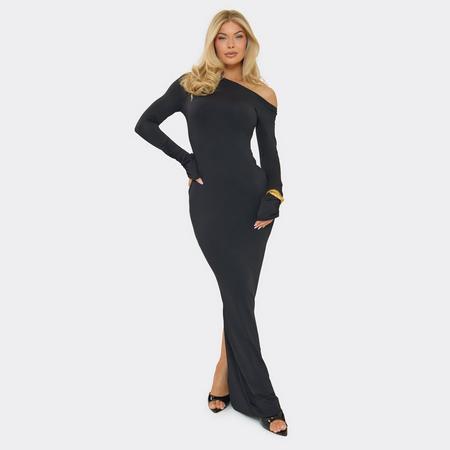 Asymmetric Long Sleeve Ruched Detail Maxi Dress In Black, Women's Size
