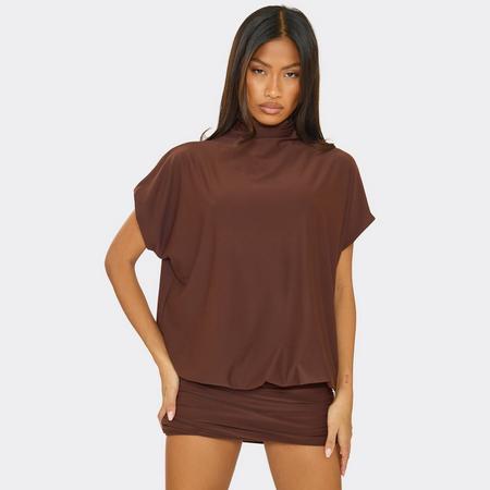 High Neck Short Sleeve Blouson Detail Mini Dress In Chocolate Brown, Women's Size