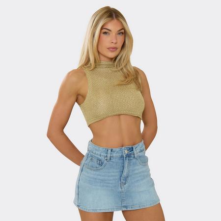 High Neck Crop Top In Gold Metallic Texture, Women's Size