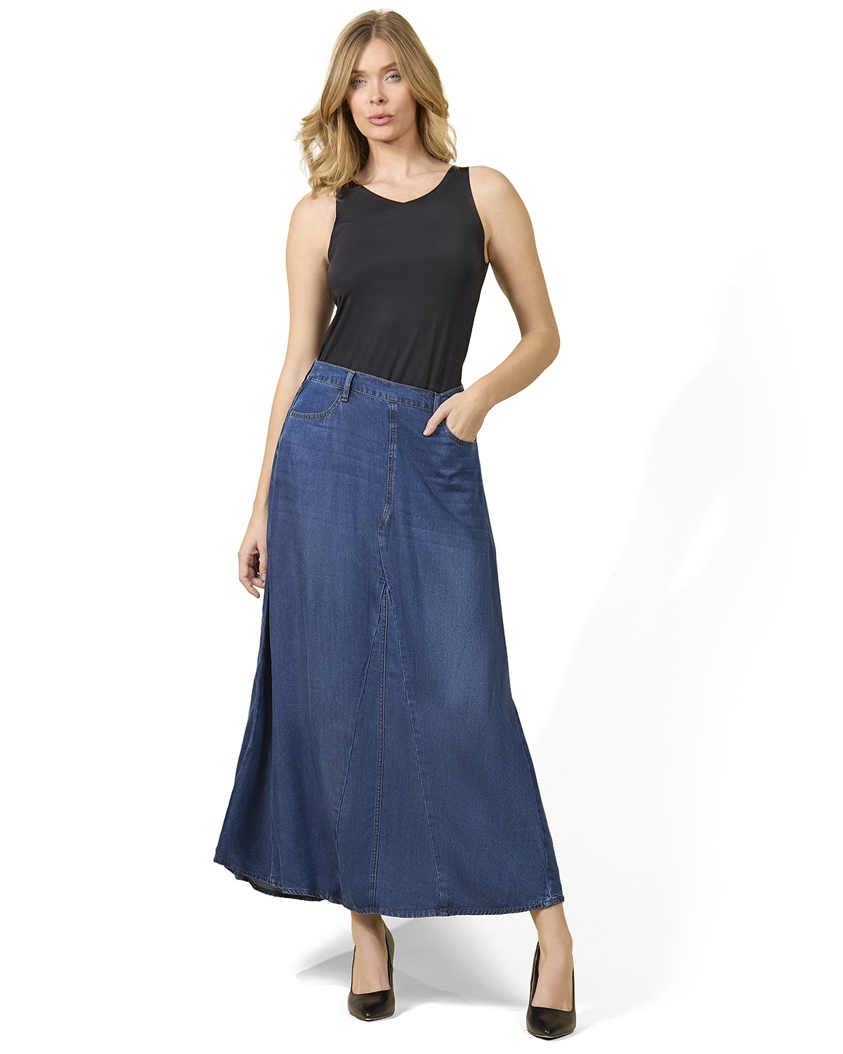 Women's Flared -Panel Lyocell Denim Maxi Skirt - X Dark Wash