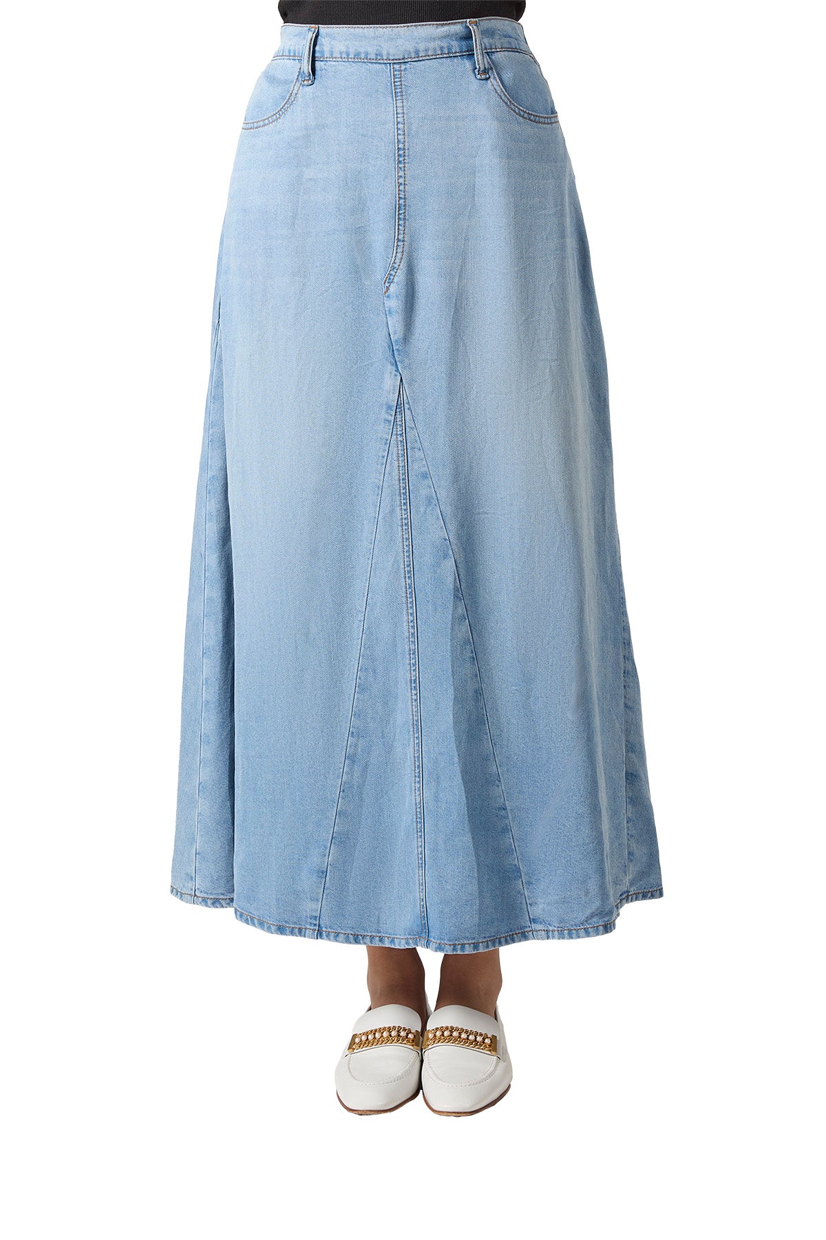 Women's Flared -Panel Lyocell Denim Maxi Skirt - Light Wash