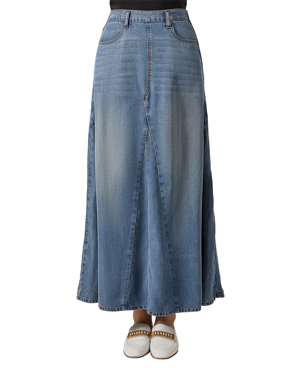 Women's Flared -Panel Lyocell Denim Maxi Skirt - Medium Wash