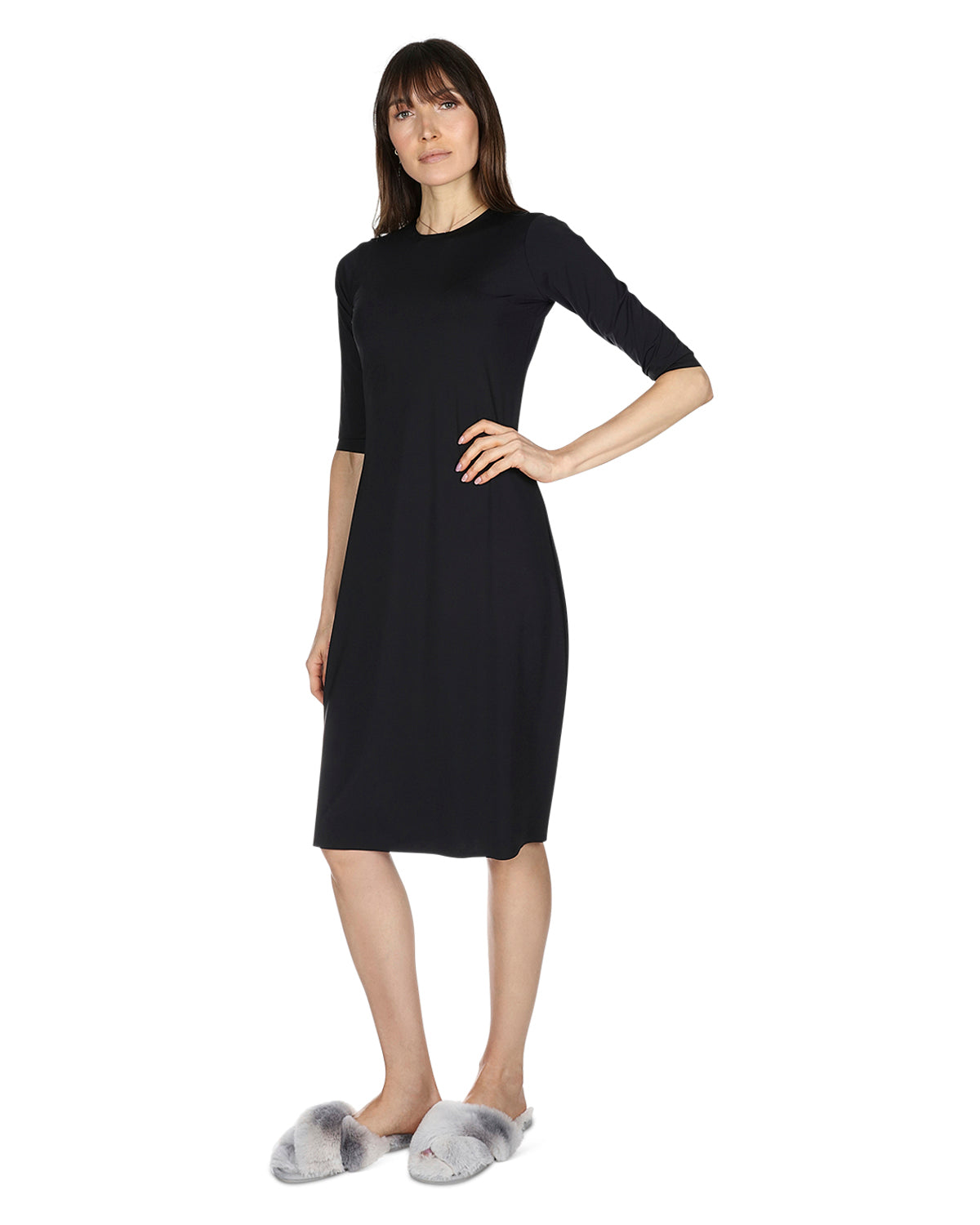 Women's Silky-Smooth Bonded -Sleeve " Slip Dress - L Black
