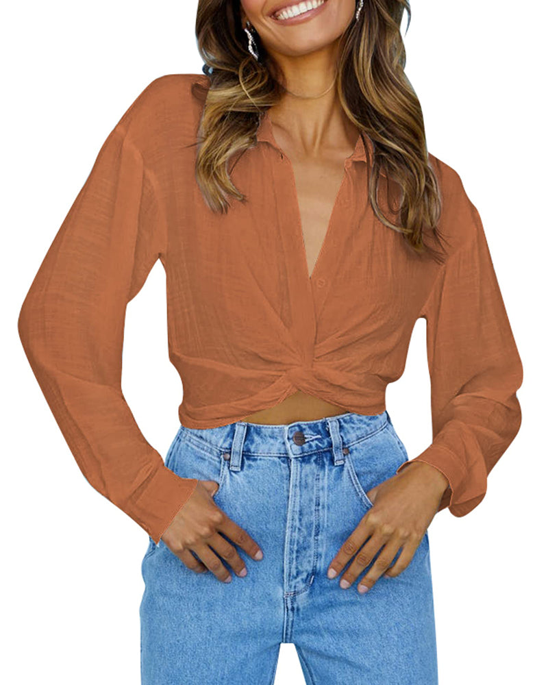Zeagoo Women's V Neck Twist Hem Blouse Long Sleeve Crop Top Casual Button Shirts - Caramel
