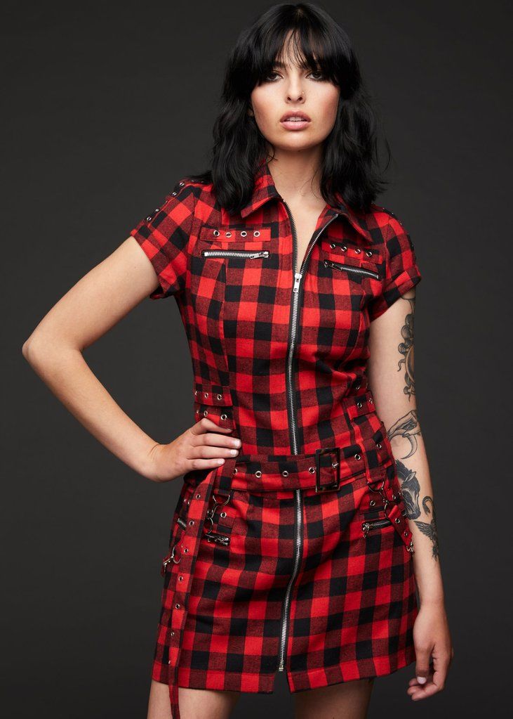 Black and Red Checkered Goth Dress - Black
