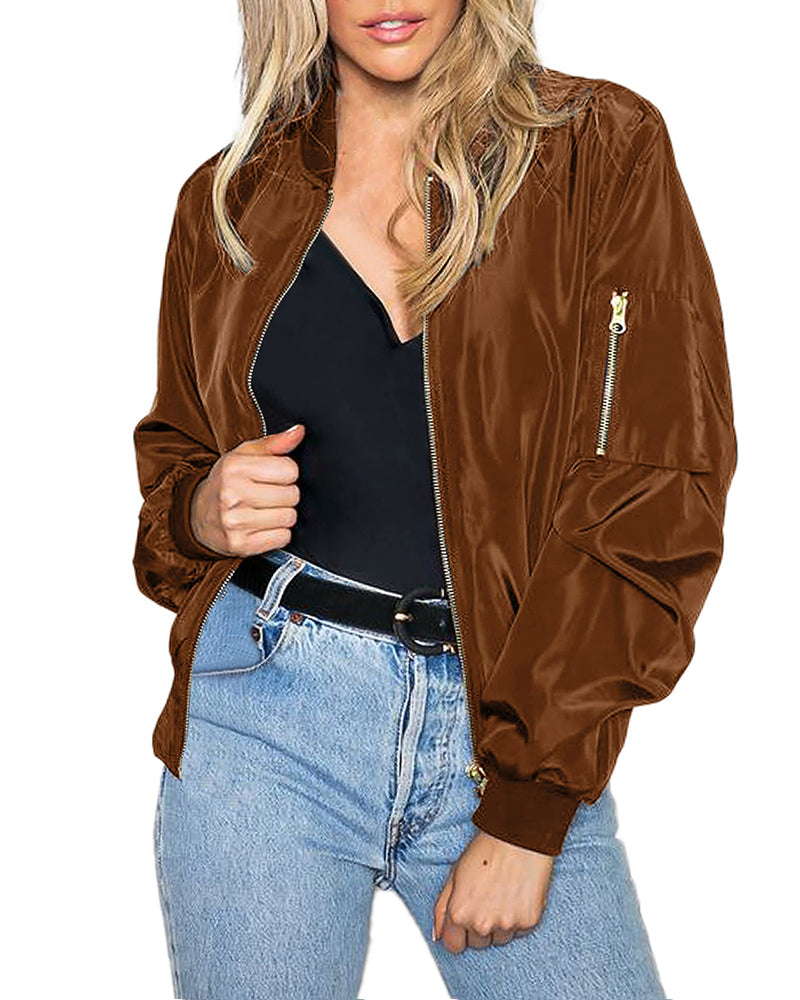 Zeagoo Classic Bomber Jacket Windbreaker with Pockets - Satin-light Brown M