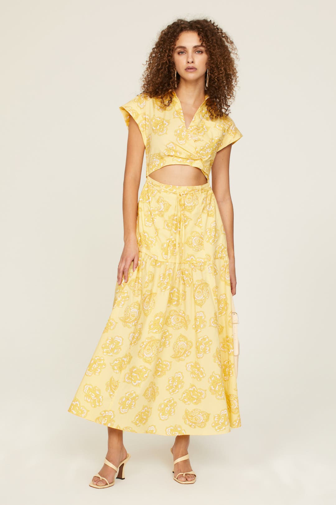 Derek Lam Crosby x RTR Cutout Tie Waist Midi Dress Yellow-print