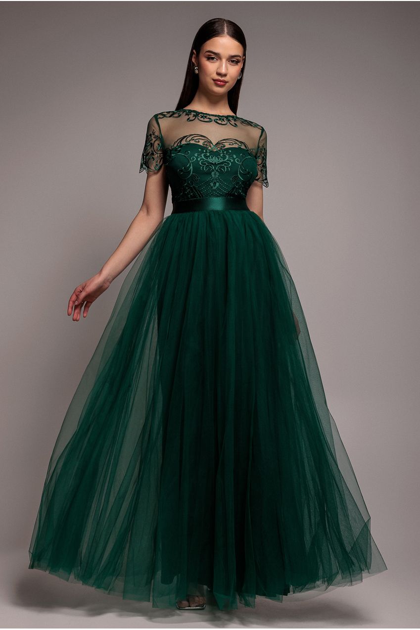 Goddiva Embroidered Mesh Maxi Dress