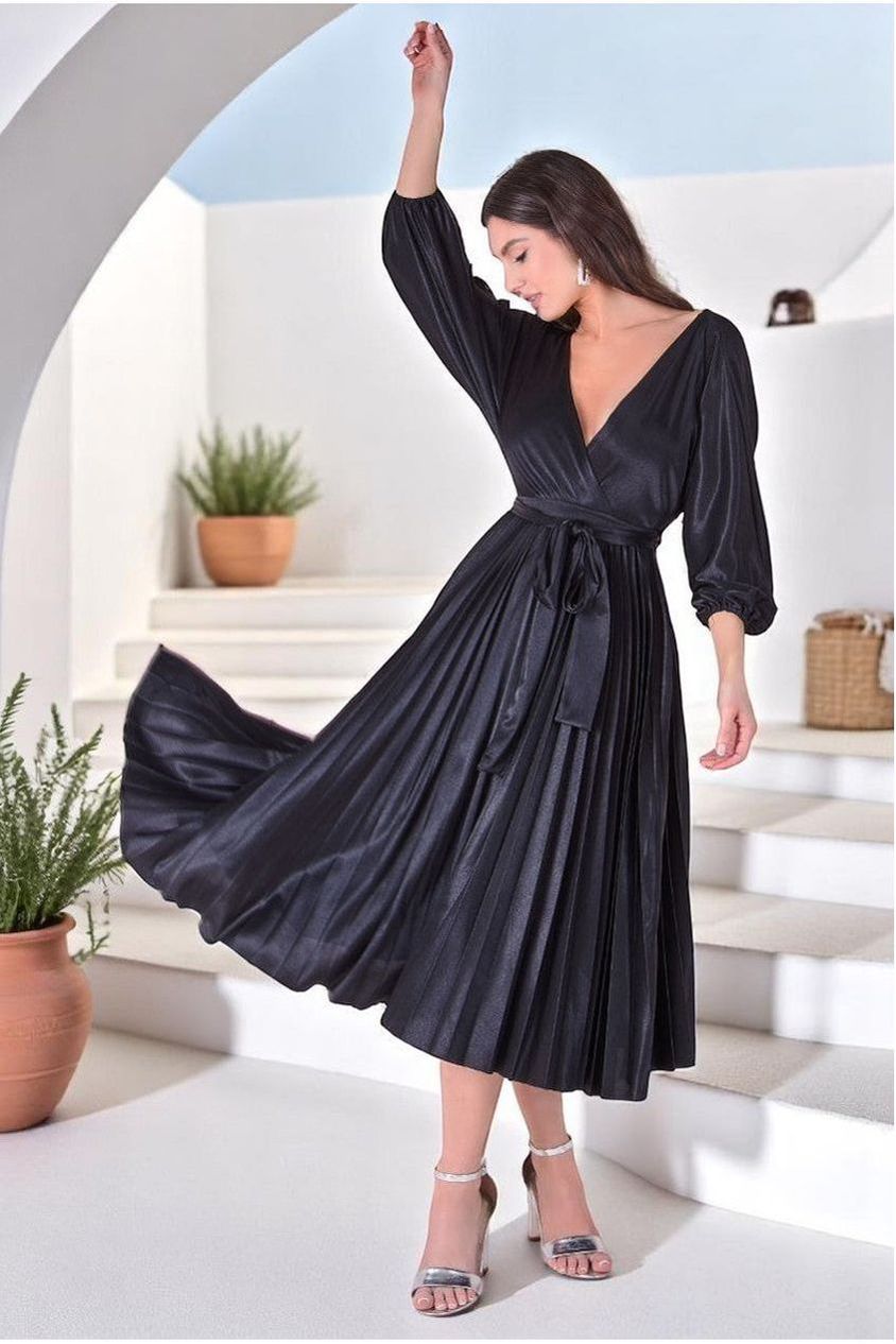 Goddiva Satin Pleated Skirt Wrap Midi Dress