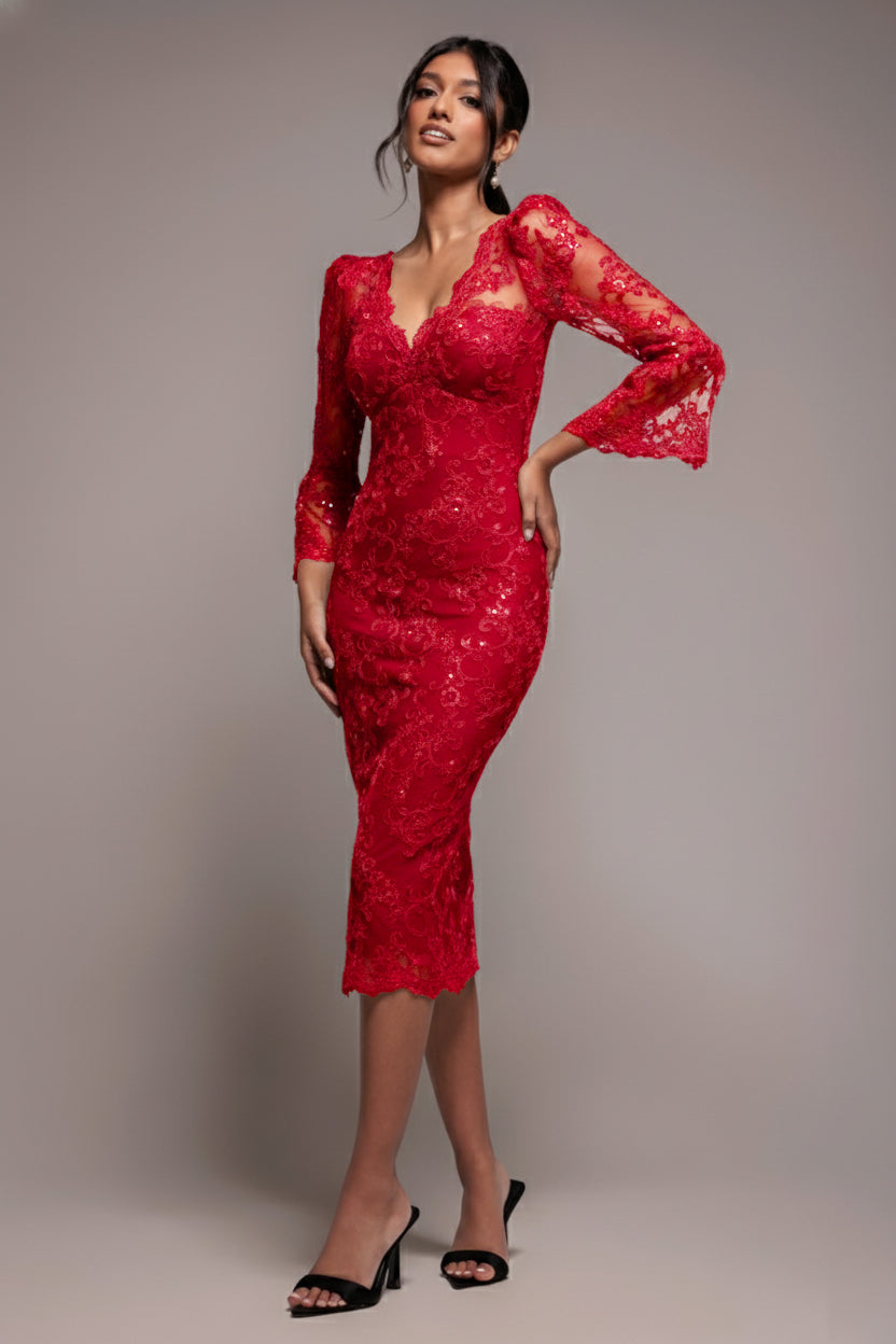 Goddiva Sequin Scallop Lace Midi Dress