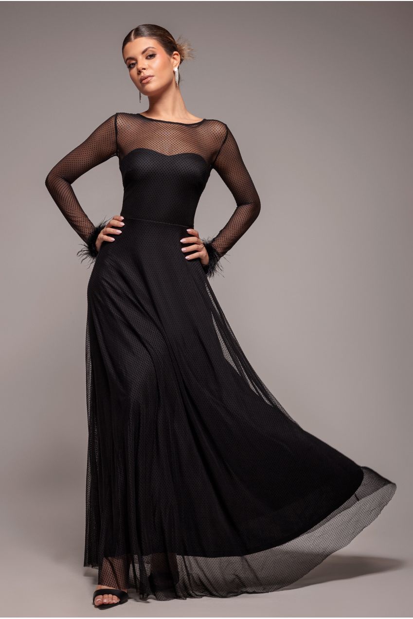 Goddiva Dobby Mesh Feather Sleeve Hem Maxi Dress