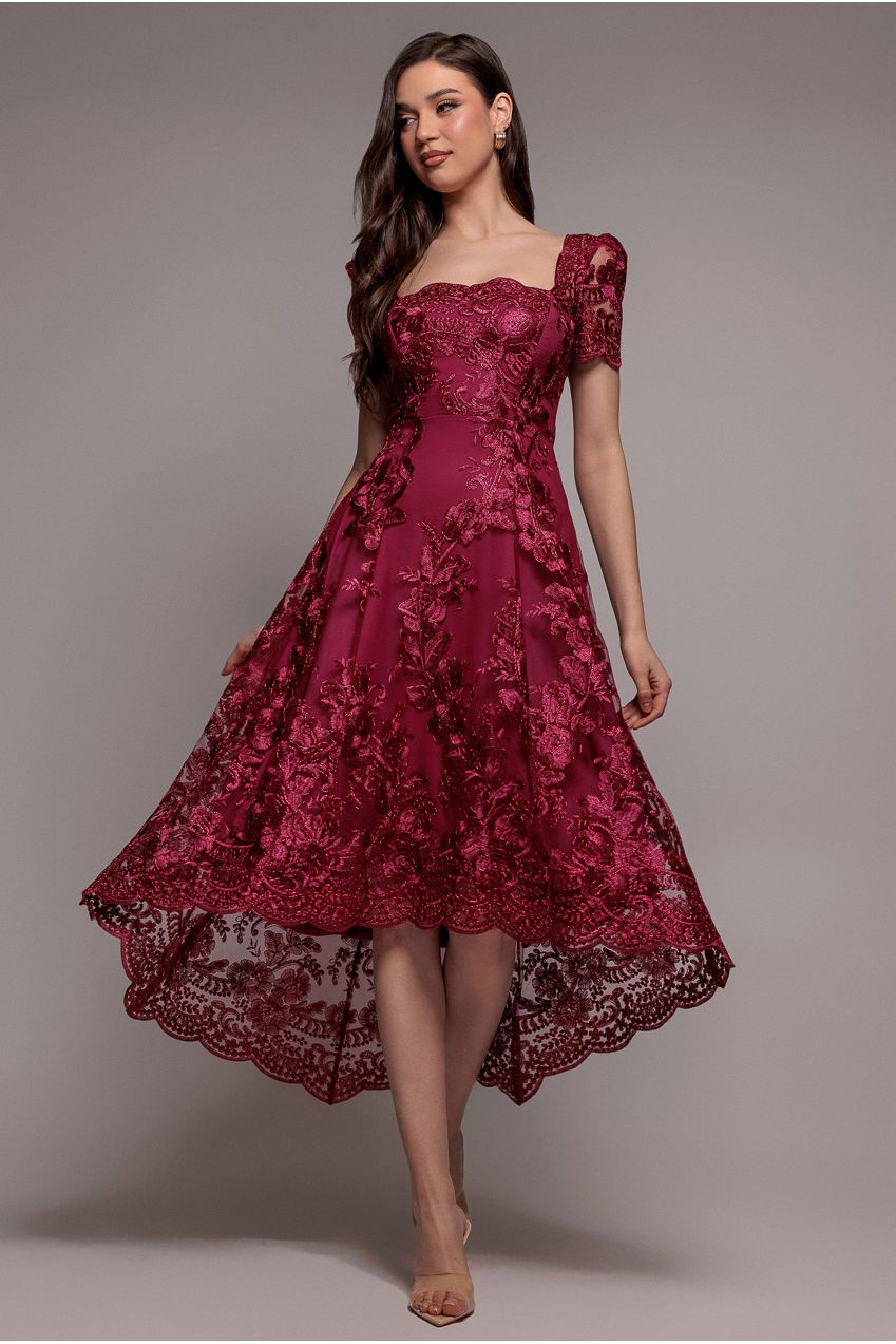 Goddiva Scalloped Neck Embroidered Lace High Low Midi Dress
