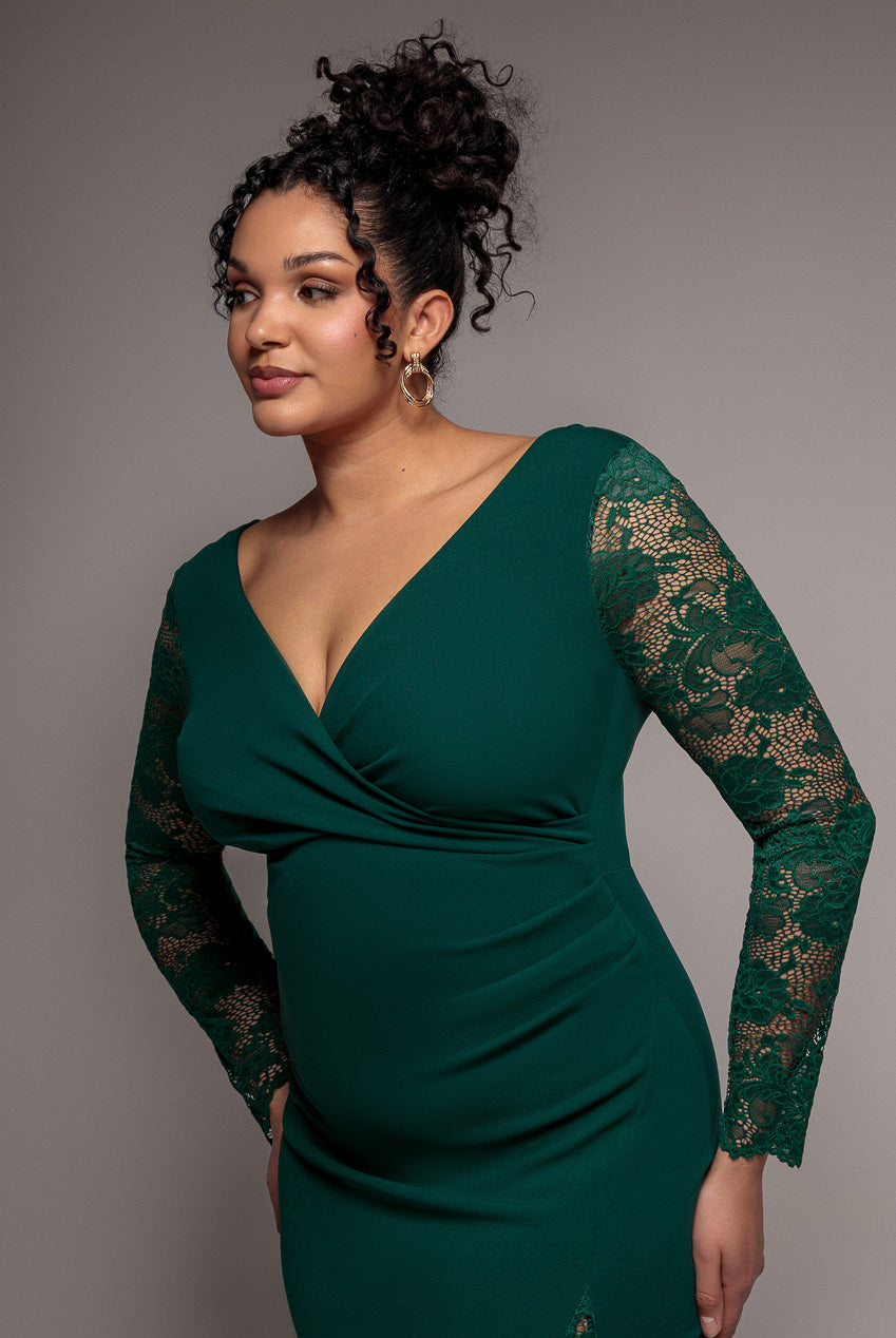 Goddiva Plus Scuba & Lace Wrap Maxi Dress
