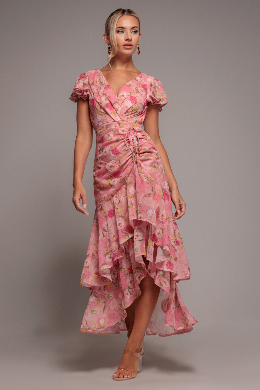Goddiva Floral Wrap High And Low Midaxi Dress