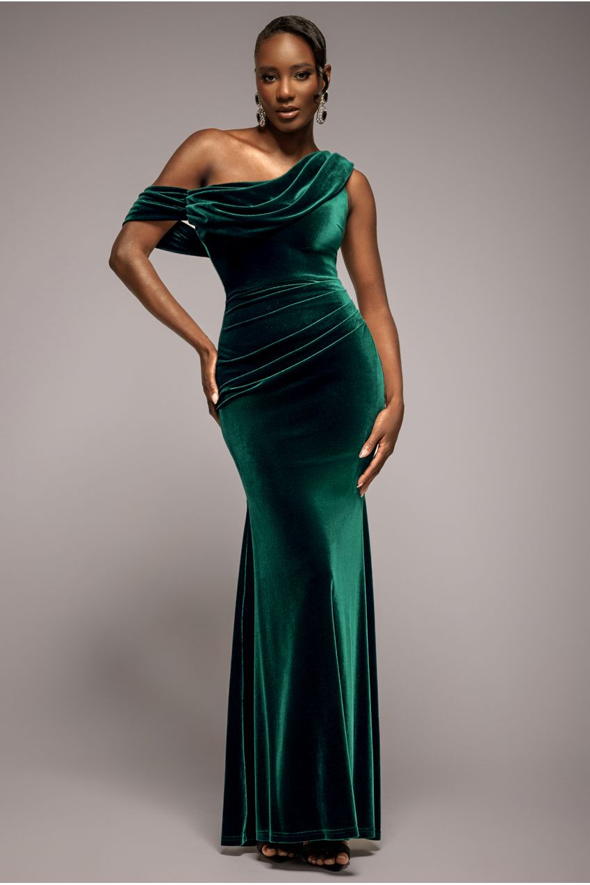 Goddiva Cowl One Shoulder Velvet Maxi Dress
