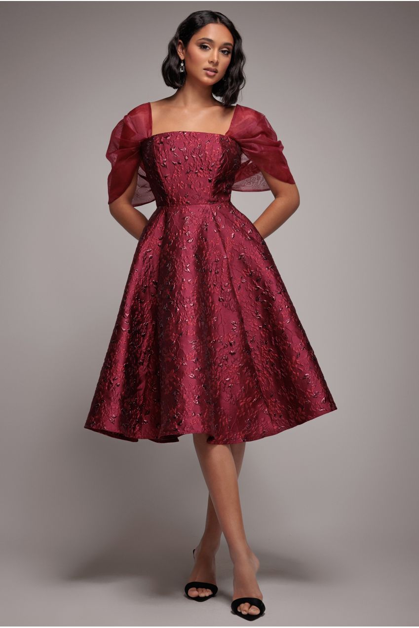 Goddiva Lace Up Jacquard Midi Dress With Organza Wings