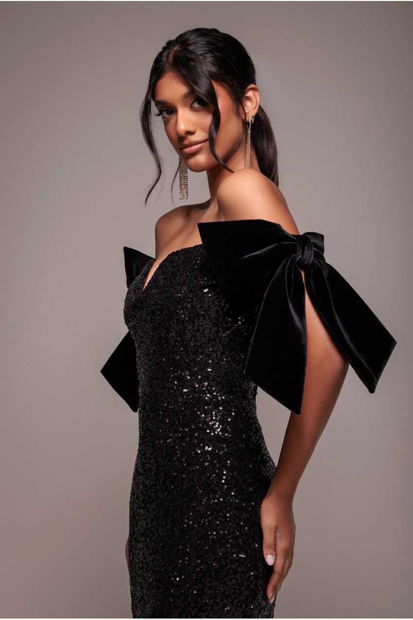 Goddiva Sequin Off The Shoulder Velvet Bow Midi Dress