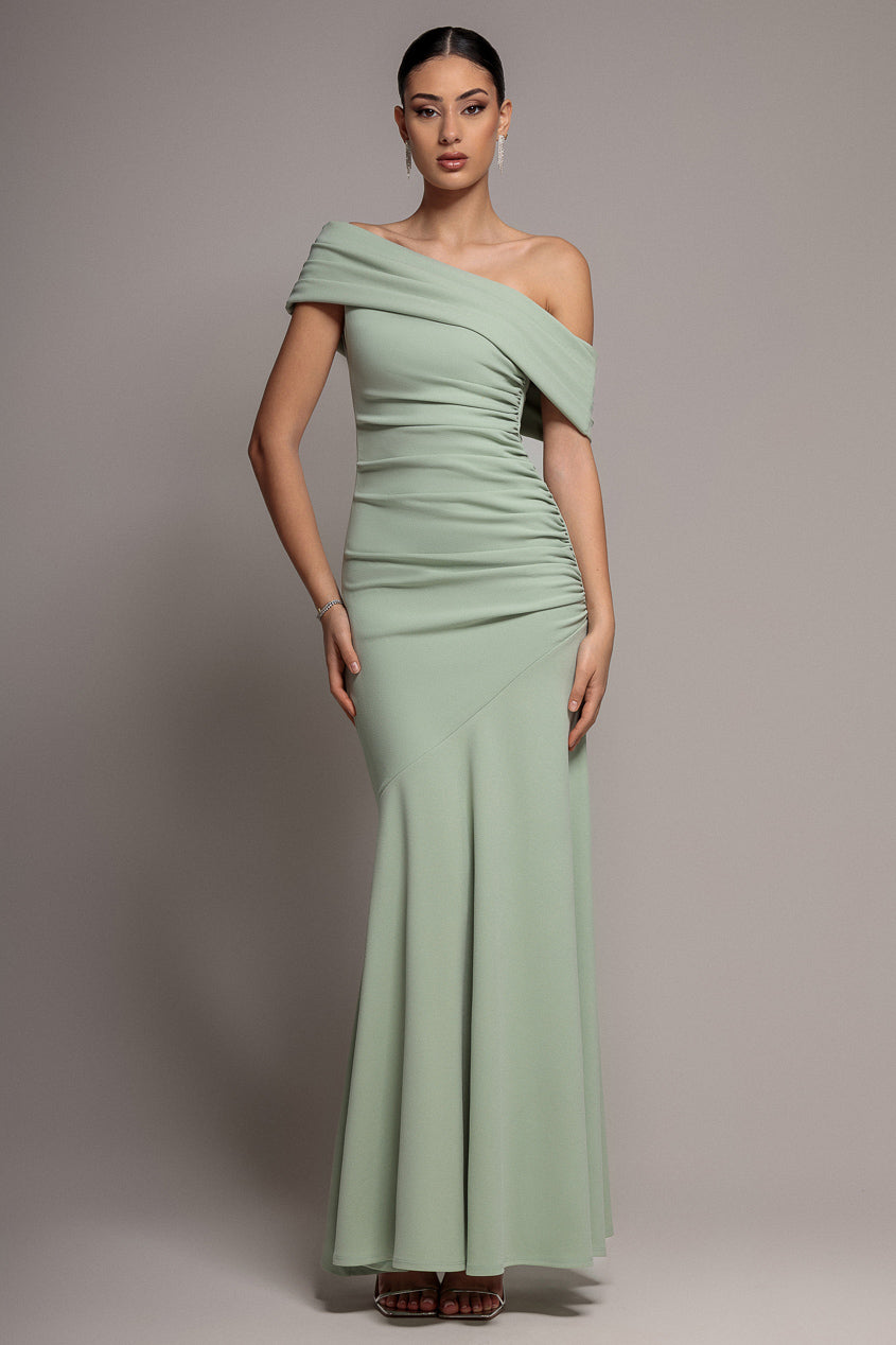 Goddiva Pleated One Shoulder Bardot Fit And Flare Maxi Dress