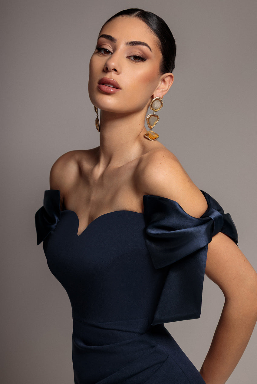 Goddiva Satin Bow Bardot Sheath Maxi Dress