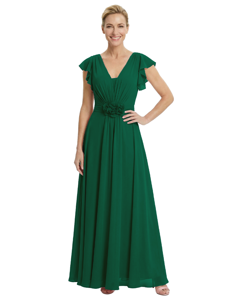 Elegant V-Neck Flutter Sleeves A-Line Chiffon Mother Of The Bride Dress With Floral Details