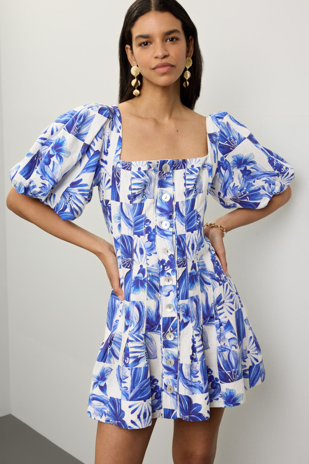 Farm Rio Garden Tiles Mini Dress Blue-white-print