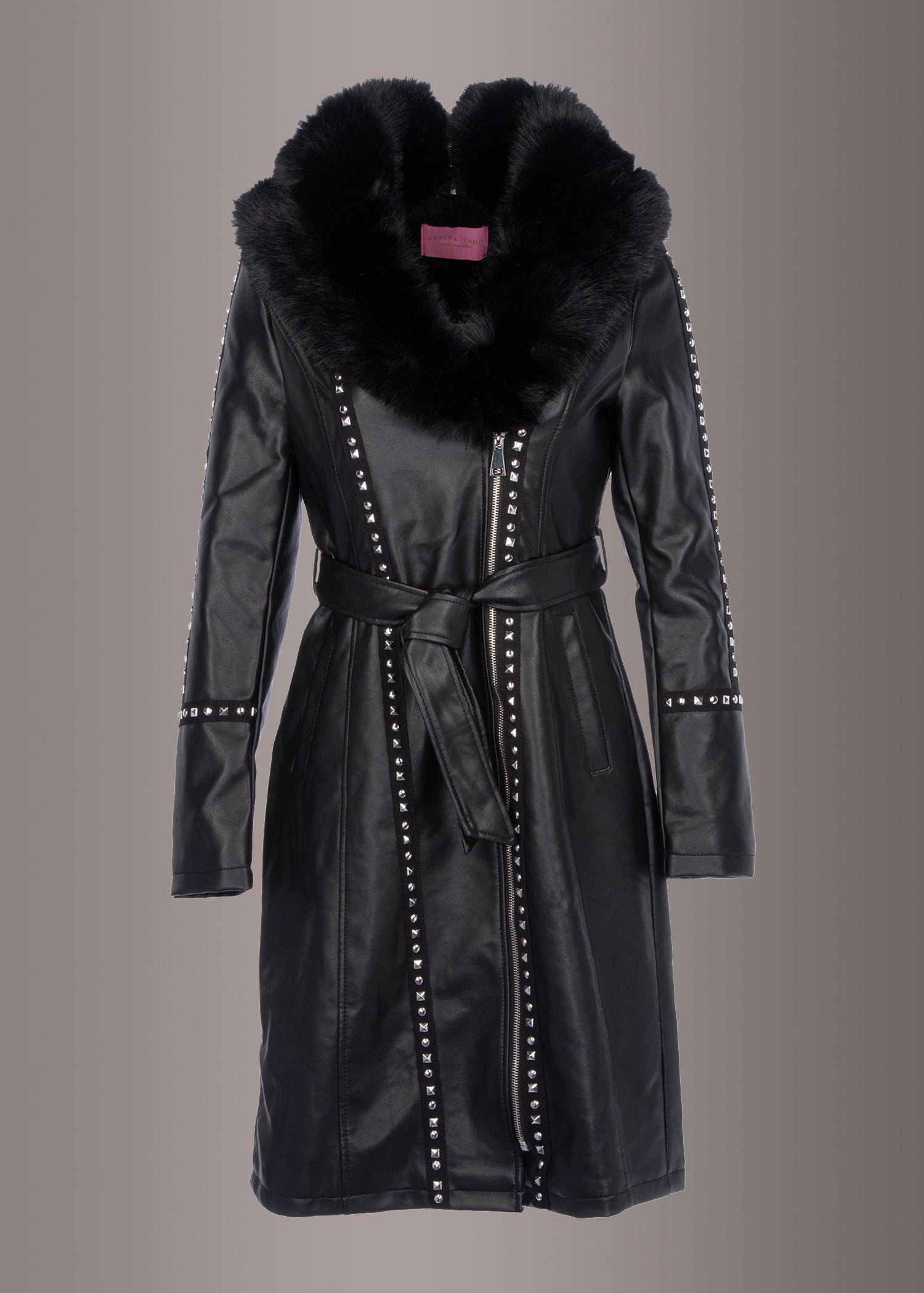 Studded Vegan Leather Coat with Faux Fur Lining - S Black