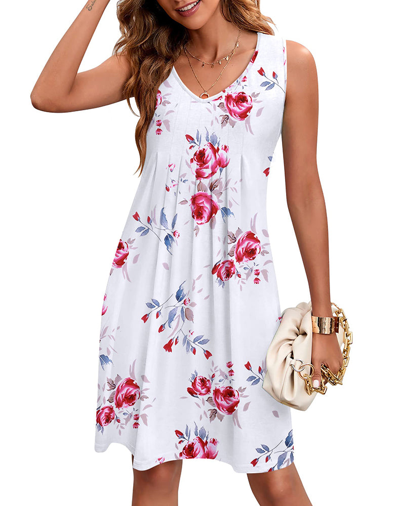 Women Summer Dresses Beach Floral Sleeveless Tshirt Sundress Pockets Casual Loose Flowy Tank Dress - Zeagoo- Floral White M