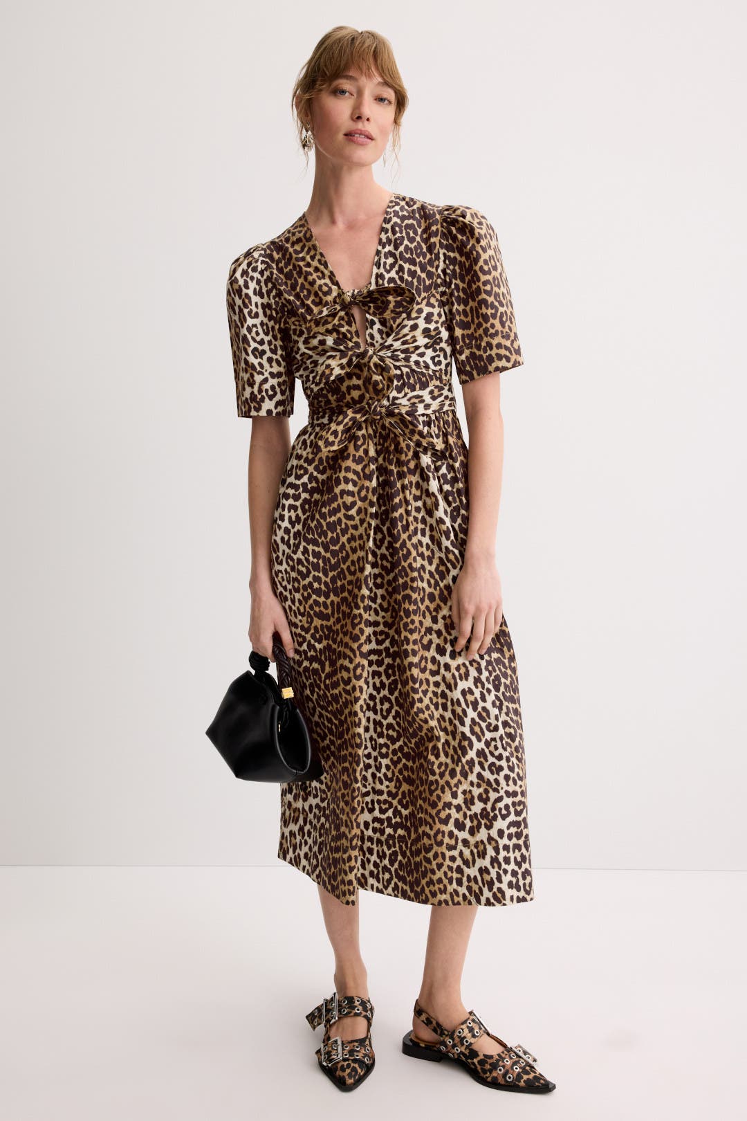 Ganni Leopard Printed Cotton Tie Strap Midi Dress Brown-black-print
