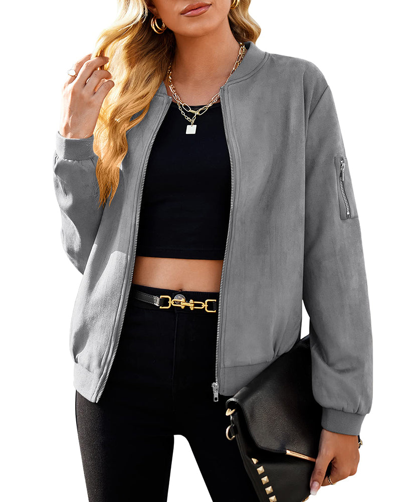 Faux Bomber Zip Up Lightweight Jacket Coat with Pockets - Zeagoo- Grey L-