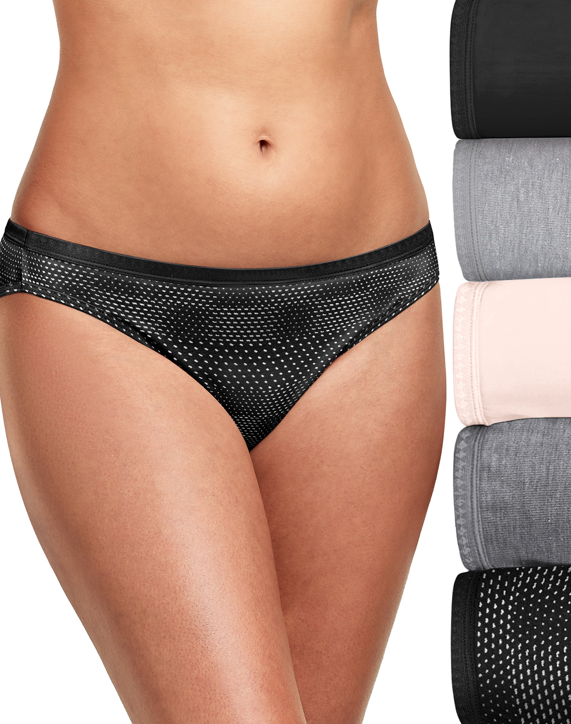 Hanes Ultimate Women's Breathable Cotton Bikini Underwear, -Pack BlackConcreteLight BuffMoonlit Sky GreyStatic Dots